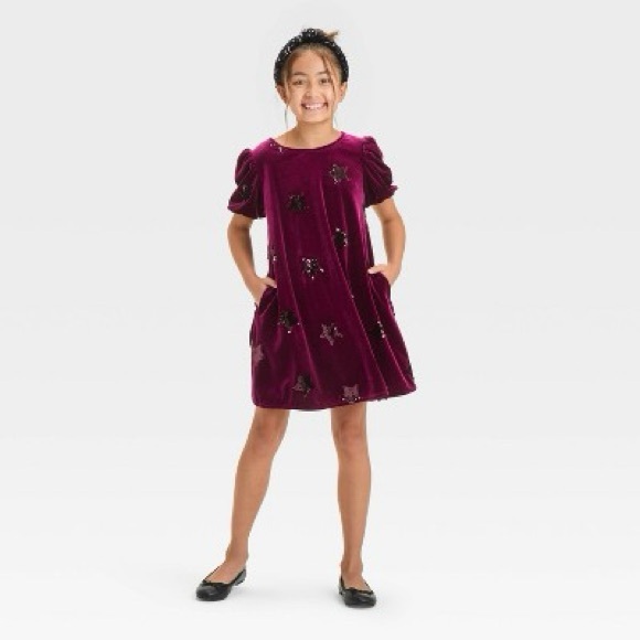 Girls' Short Sleeve Sequin 'Star' Velour Dress - Cat & Jack™ Burgundy - Picture 3 of 7